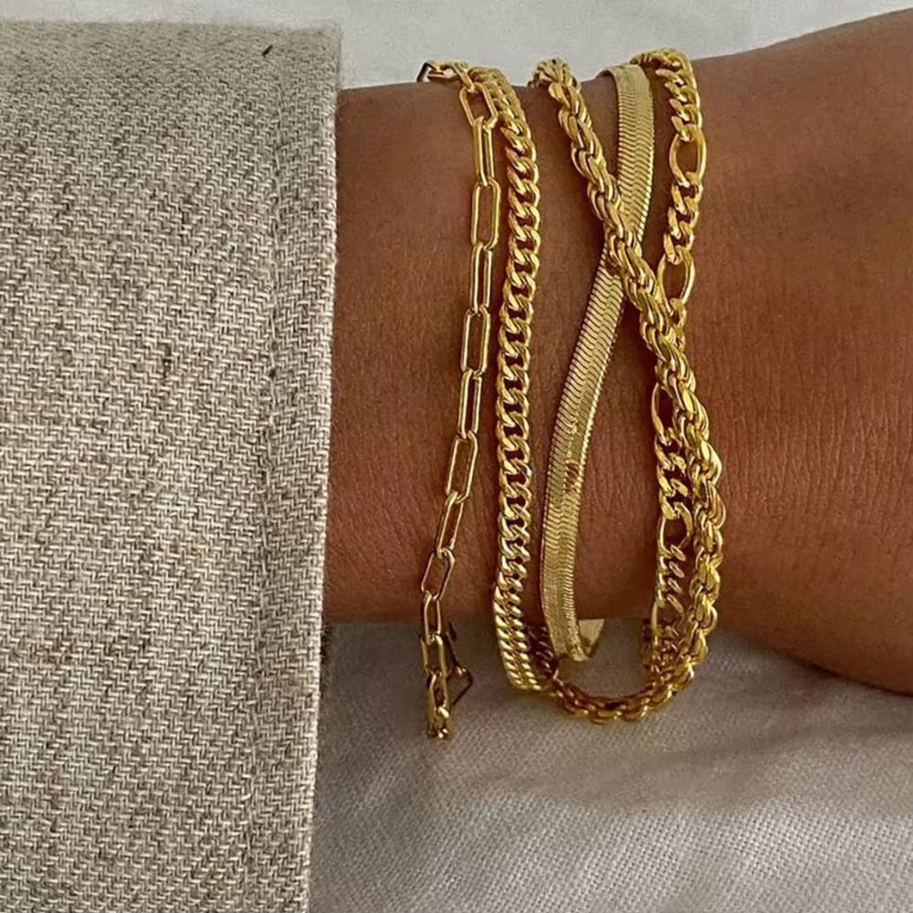 The AMORA Signature Set — a stack of gold bracelets worn on the wrist