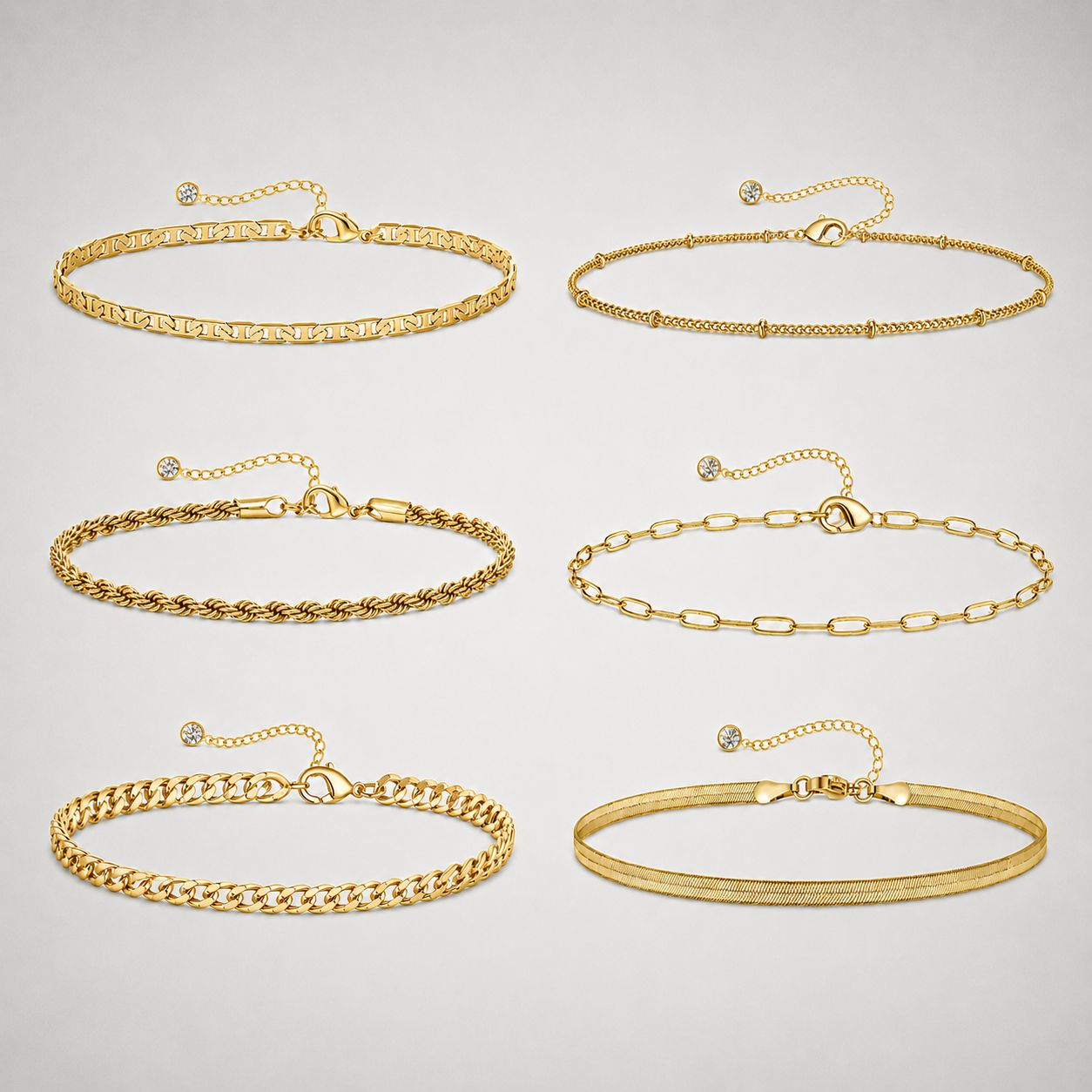 All six chains you receive — satellite, paperclip, herringbone, mariner, rope and curb — laid out